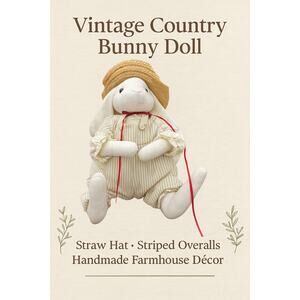 Vintage Country Bunny Doll • Straw Hat • Striped Overalls • Handmade Farmhouse